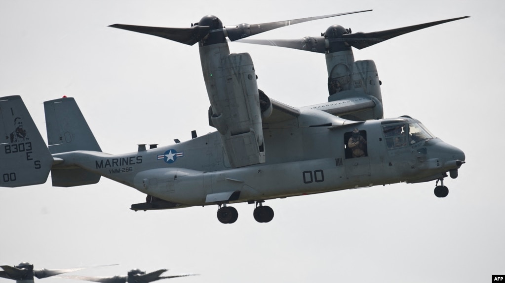 n this May 26, 2015, photo, a MV-22B Osprey aircraft is operated in Babadag, Romania.