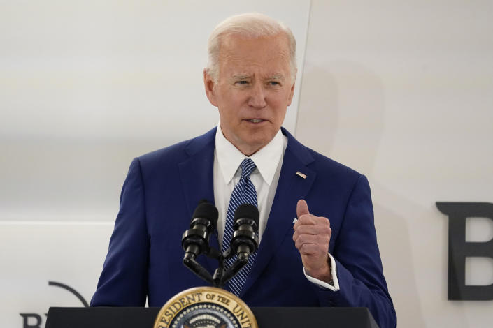 President Joe Biden speaks at Business Roundtable's CEO quarterly meeting, Monday, March 21, 2022, in Washington. / Credit: Patrick Semansky / AP