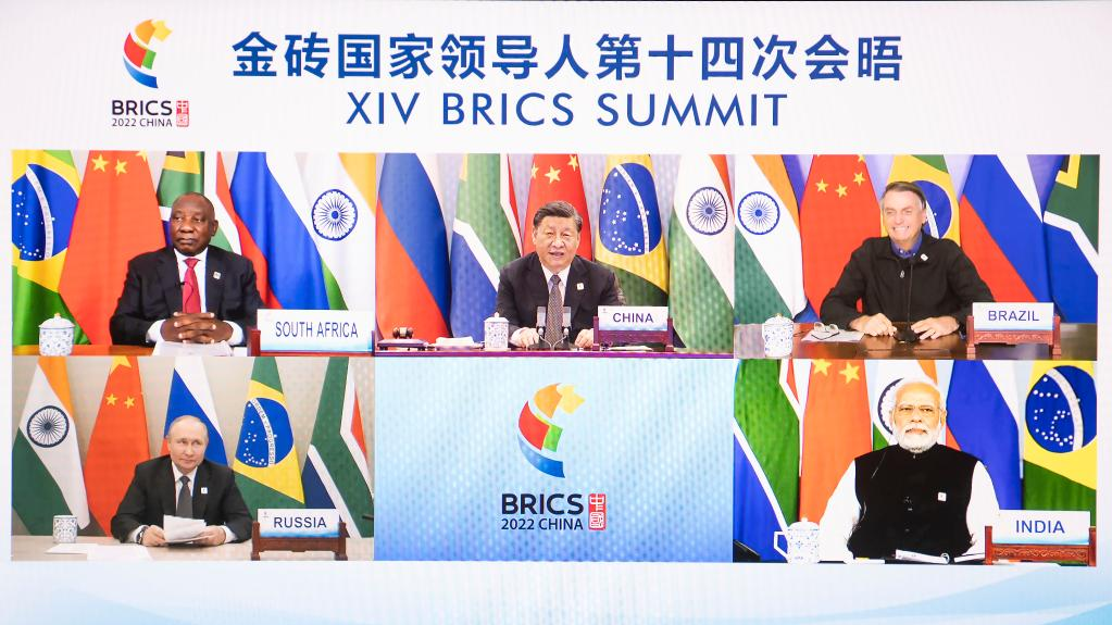 Chinese President Xi Jinping (C) hosts the 14th BRICS Summit via video link in Beijing, China, June 23, 2022. /Xinhua