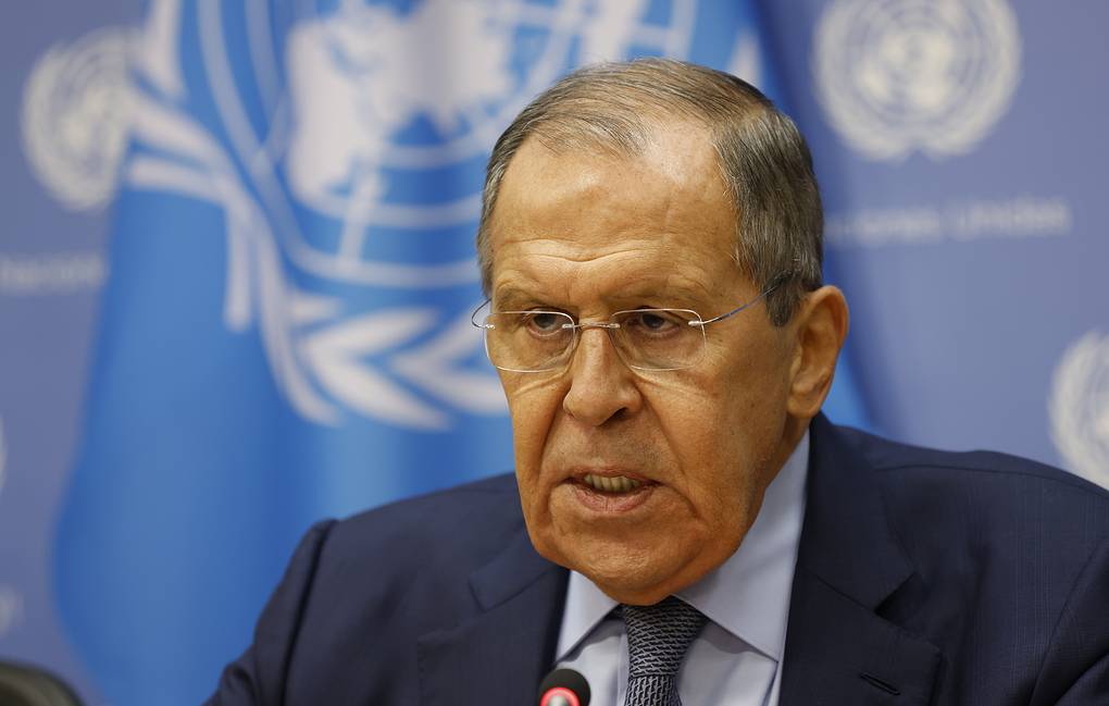 Russian Foreign Minister Sergey Lavrov holds a news conference on the sidelines of the 77th session of the United Nations General Assembly, at U.N. headquarters, Saturday, Sept. 24, 2022. (AP Photo/Jason DeCrow)