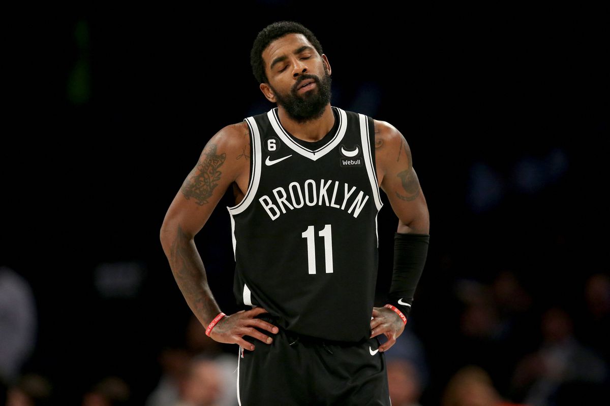 Oct 19, 2022; Brooklyn, New York, USA; Brooklyn Nets guard Kyrie Irving (11) reacts during the second quarter against the New Orleans Pelicans at Barclays Center. Mandatory Credit: Brad Penner-USA TODAY Sports