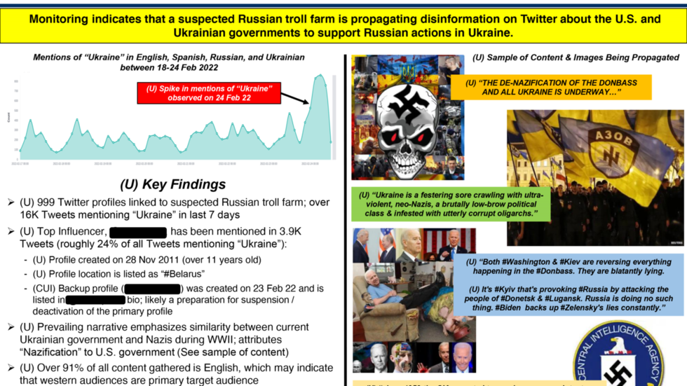 A slide from a US intelligence report sent to Twitter alongside a takedown request © Twitter / mtaibbi