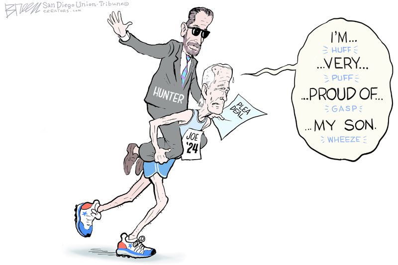 Cartoon depicting Joe Biden carrying his son saying I am proud of my son