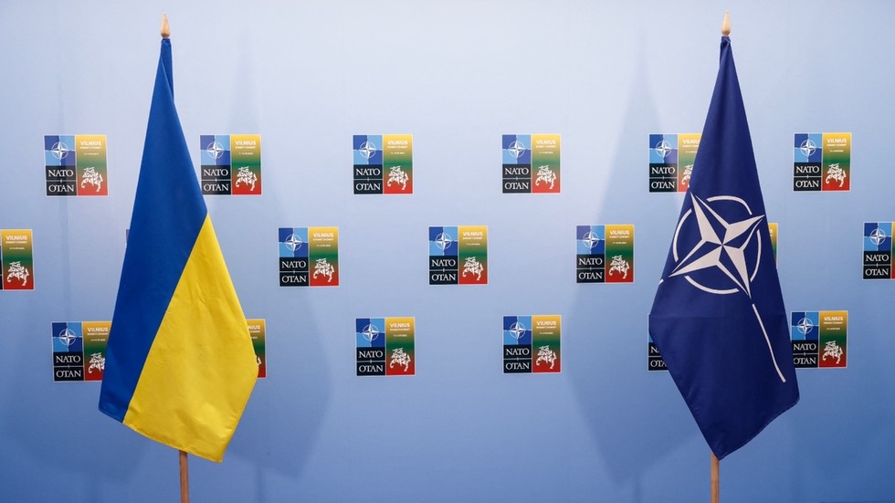 Flags of the Ukraine (L) and the NATO on the sidelines of the NATO Summit in Vilnius. © AFP / Odd Andersen
