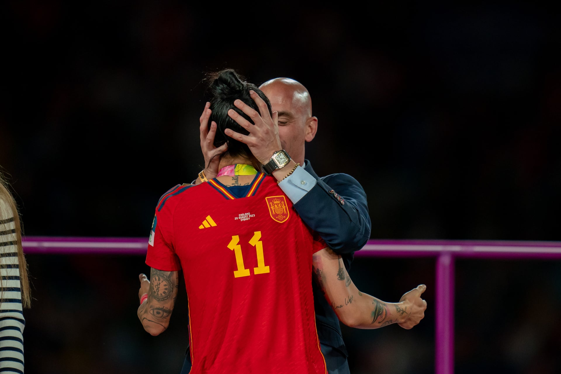 Sydney, Australia Luis Rubiales, the president of Spain’s football federation, kisses Jenni Hermoso on the lips after Spain defeated England 1-0 to win the Women’s World Cup in Sydney. Rubiales hit out at ‘false feminism’and a ‘social assassination’ of his character as he vowed to stay on as head of Spain’s football federation amid fierce criticism and a Fifa investigation. Photograph: Noe Llamas/SPP/Shutterstock