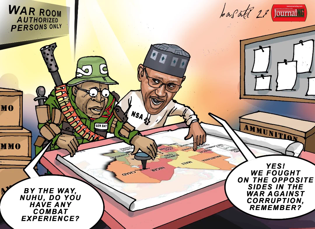 Cartoon President of Nigeria Bola Tinubu with his National Security Adviser Nuhu Ribadu on the plans to combat corruption